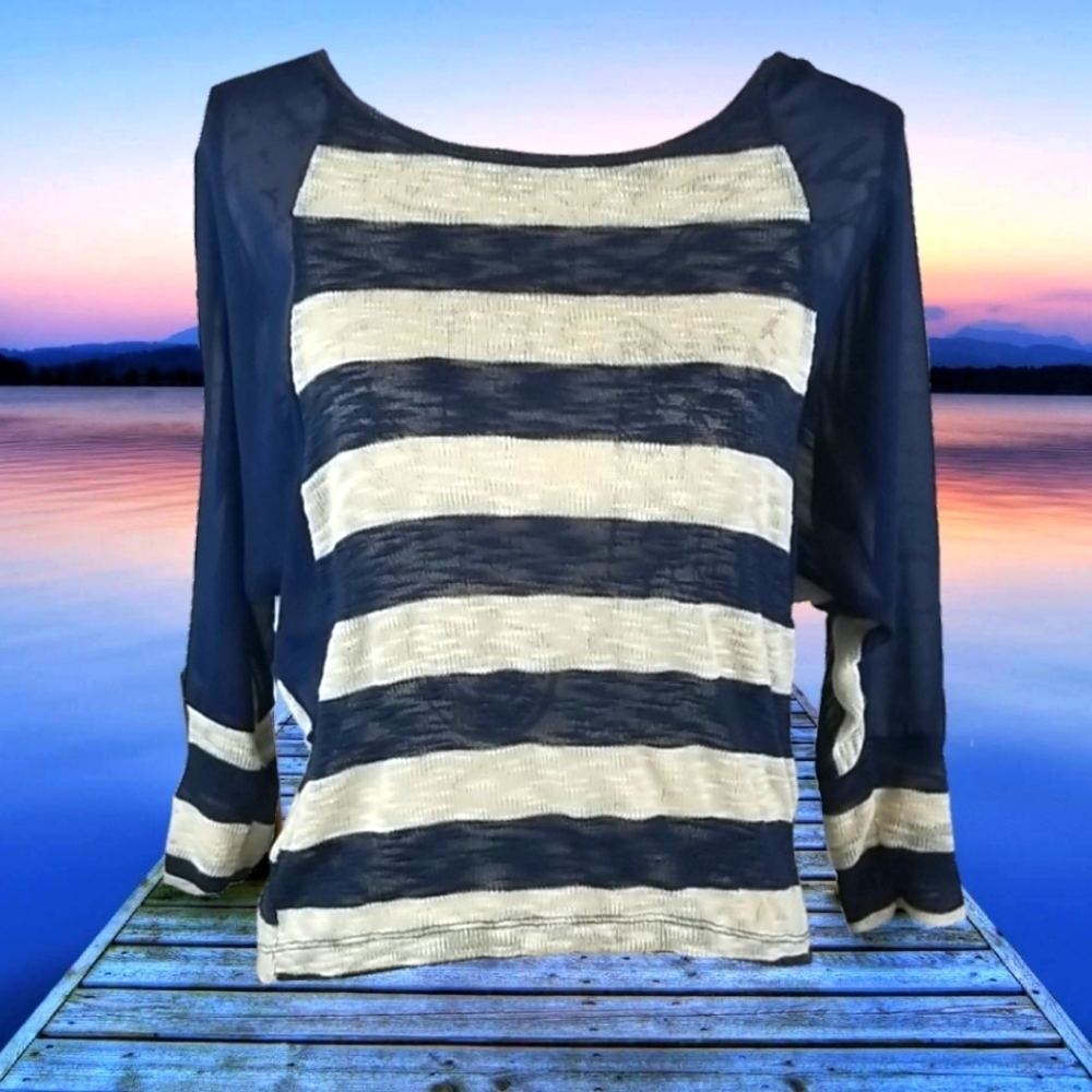 Nautical Striped Navy Blue and Cream White Knit Top with Mesh Sleeves & Back, XS